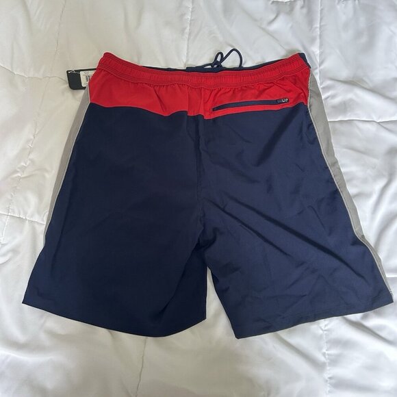 NWT Reebok Swim Trunks Mens Medium Blue Red Pull On Mesh Lining Back Zip Pocket - Picture 8 of 8